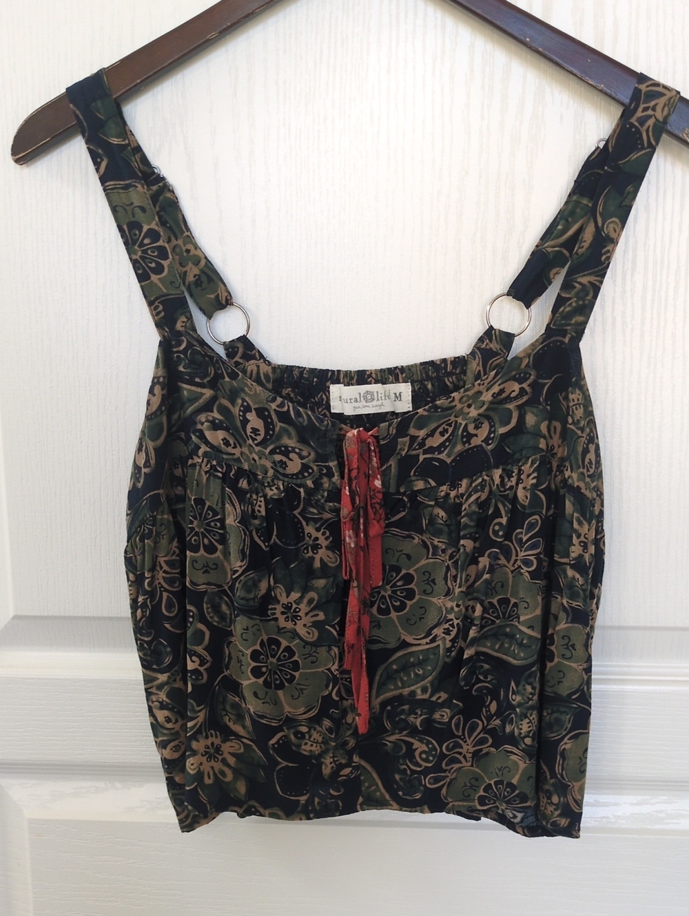 Natural Life Flowy Navy And Olive Green Floral Tank with Orange Front Tie